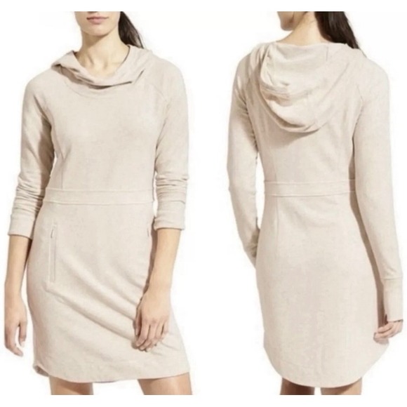 Athleta Dresses & Skirts - Athleta Power Down Active Hooded Yoga Dress Oatmeal Heather Beige  Thumbhole XS